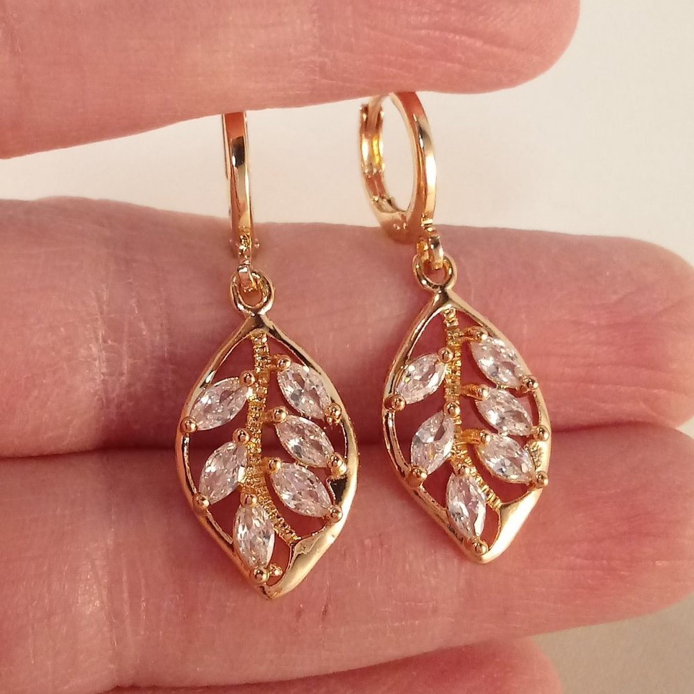 18K Yellow Gold Filled Flower Leaf Marquise Diamond Topaz Zircon Dangle Earrings